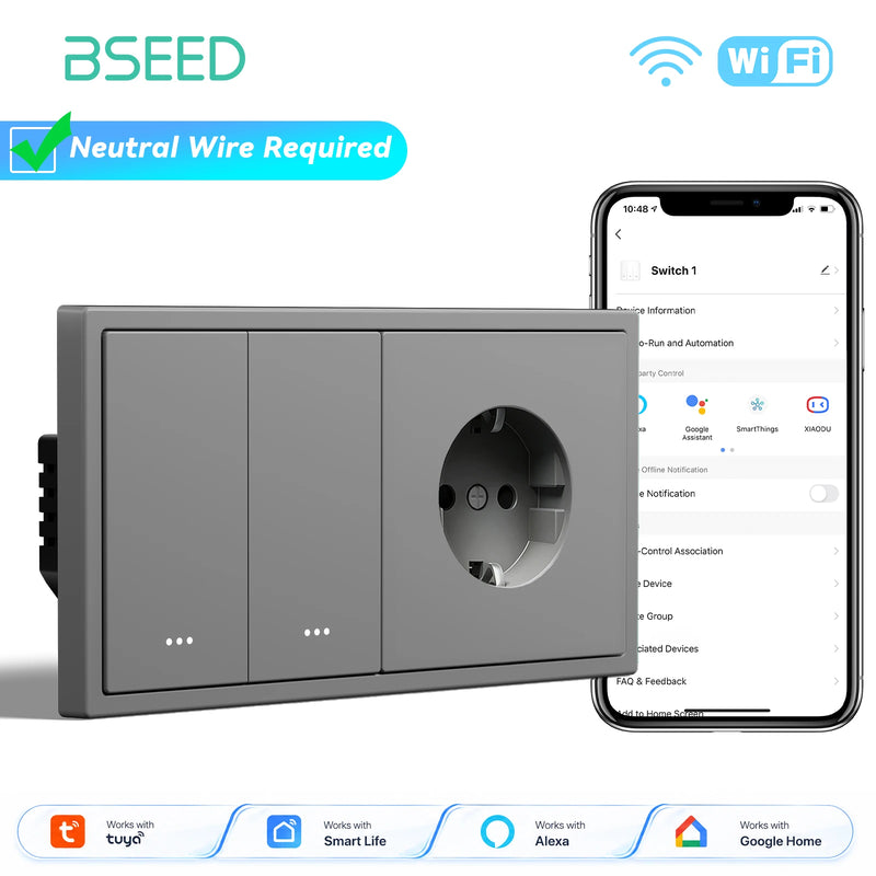 BSEED E Series 1/2/3/4Gang 2Way WIFI Light Switch Smart Click Button Switch Plastic With EU Power Socket Tuya Smart Life Control