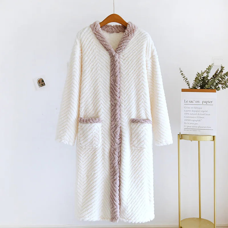 Fall Winter Night Gown Female Coral Velvet Winter Robe Thicken Warm Women Bathrobe Flannel Loose Snow Wear Home Robes Pockets