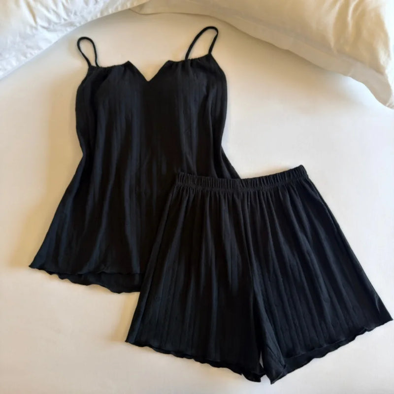 Thin Chest Pad Women's Pajamas Set Summer Sleepwear New Sleeveless Top and Shorts Homewear Two-Piece Soft Pyjamas Loungewear