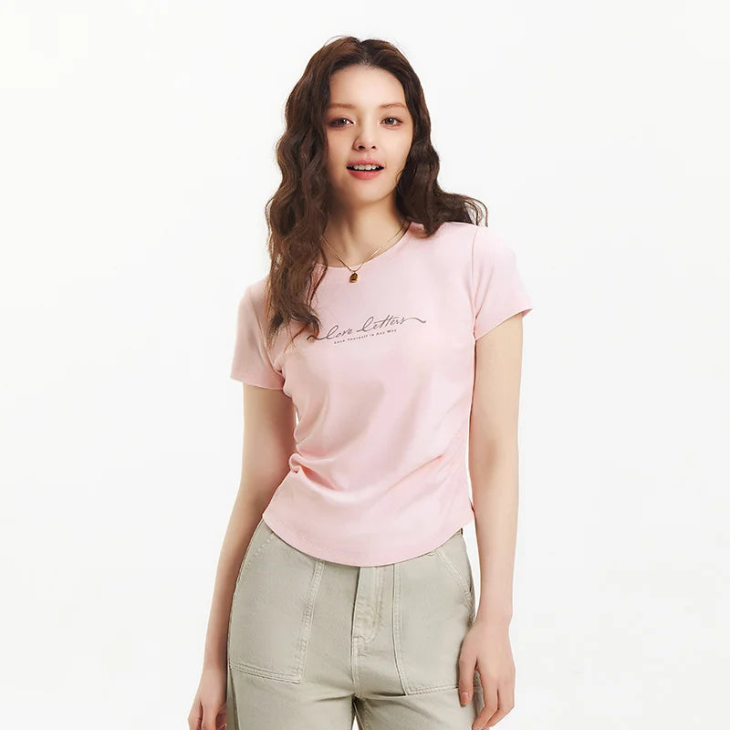 Semir Womens Tshirt 2026 Short Style Slim Printed Regular Shoulder Ruched Waist Slim Fit Casual Soft Daily Wear