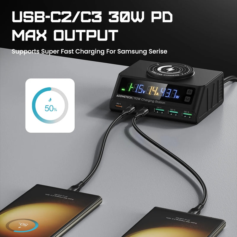 ឆ្នាំងសាកឥតខ្សែ 110W USB Multi Charger 6-Port Desktop PD QC 3.0 Type C Fast Charging Station សម្រាប់ iPhone Laptop Xiaomi Samsung