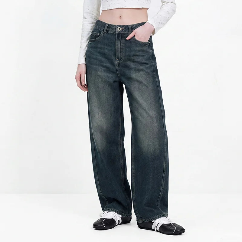 Semir Women Jeans Washed Curved Barrel Loose Draping Wide Leg 2026 Autumn Retro Street Style Denim Bottoms Daily Wear