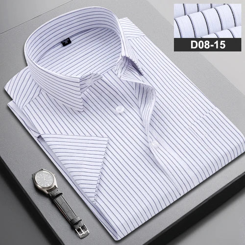 Summer Men's Vertical Striped Short-sleeved Cotton Shirt, Single-breasted Square Collar Shirts with A Pocket on The Left Chest