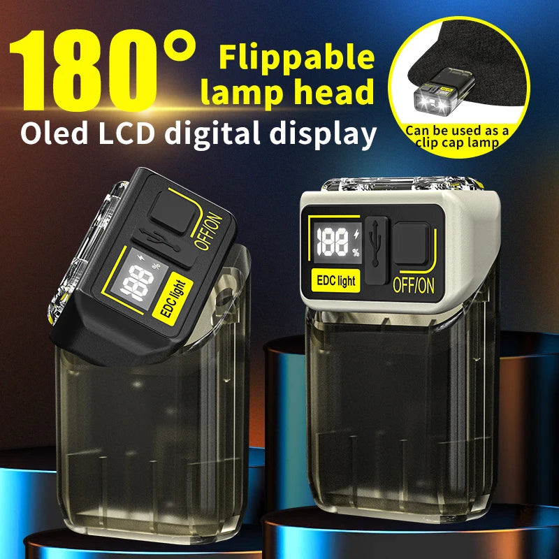 ពិល EDC ភ្លឺខ្លាំង បង្វិល 90° ពិលតូច 6 របៀបភ្លើង ភ្លើងក្លីបមួកការពារទឹក ជាមួយមេដែកបង្ហាញឌីជីថល