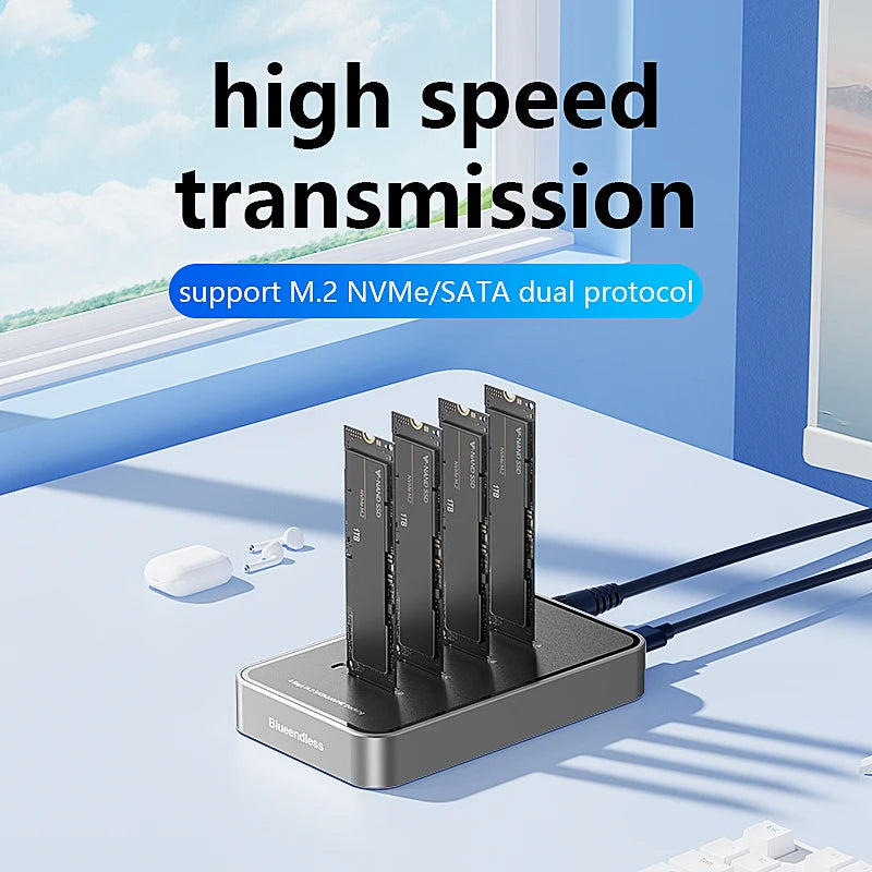ស្ថានីយ ចត SSD ទំហំ 4 ច្រក Blueendless ប្រភេទ C USB3.1 10Gbps M2 NVMe PCIe SATA NGFF ស្រោម SSD អាលុយមីញ៉ូម