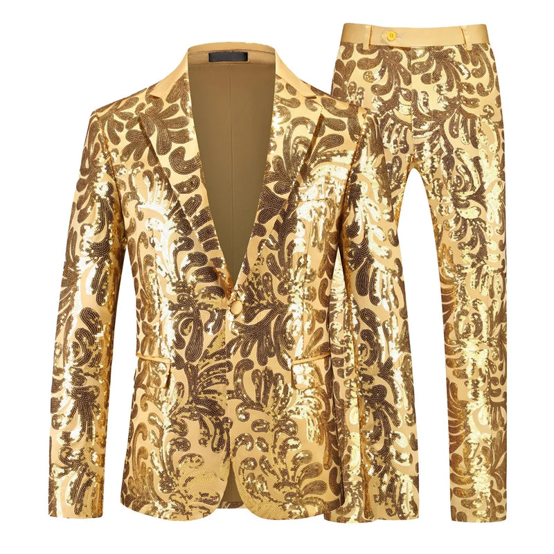 2026 New Men's Silver Suit Two-Piece Set, Wedding Party Jacket with Matching Pants, Asian Sizes, Available in Gold, Red, Blue