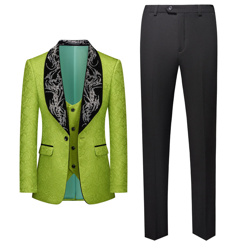Red Men's Three-piece Suit Set Featuring A Jacquard Jacket and Vest Paired with Pants. Blue, Green, Purple, Pink, and White.