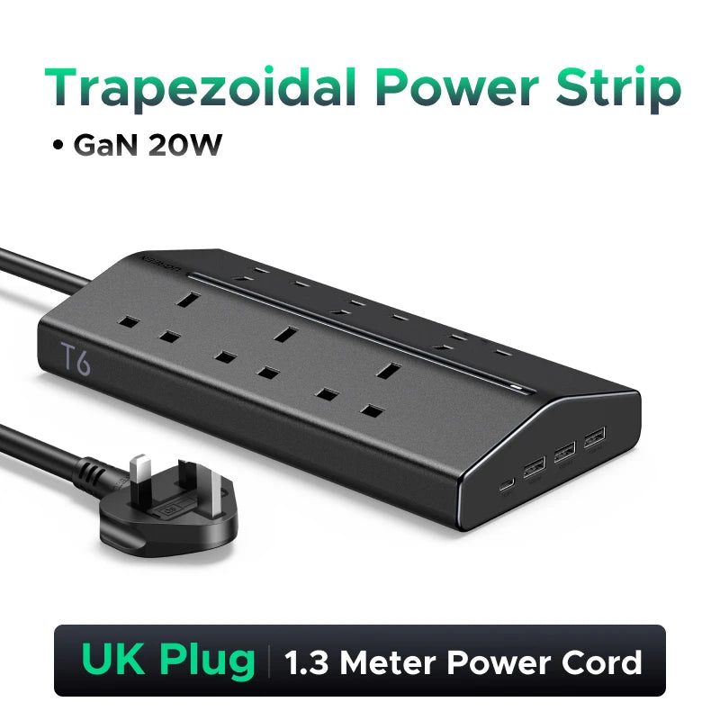 UGREEN Fast Charger 20W Power Strip 16 AC Outlets 1 USB-C 3 USB-A UK Plug Extension Adapter For Tablet Phone Overload Protection