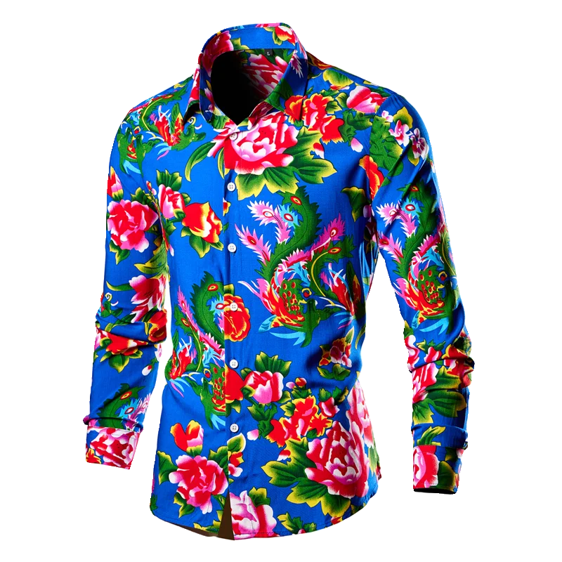 2026 Chinese Style Bright Men's Red Print Long Sleeve Shirt, Single Breasted Lapel Shirts, Green Black Fashion Casual Camisa