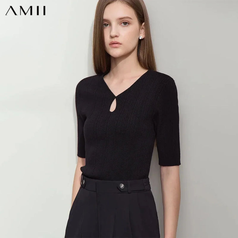Amii 2026 Autumn Minimalist Elegant Water Drop Collar Medium Sleeve Wool Knitted Sweater Irregular Pit Strip Slim Top 12541100