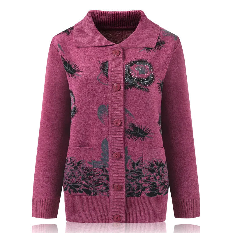 Fdfklak Middle-Aged Elderly Women Knitted Lapel Cardigans Mother Printed Buttons Sweater Spring Autumn Grandma's Clothes
