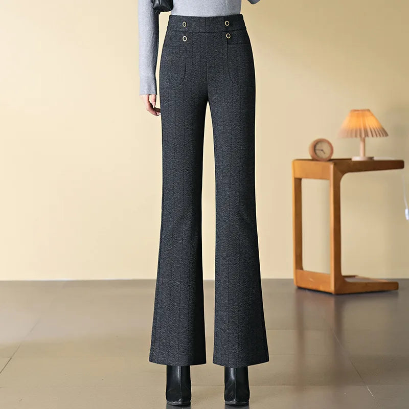 New Winter Women's Slightly Flared Pants,Elastic Waist Herringbone High Waisted Trousers,Beige,Coffee,Gray Available, Asian Size