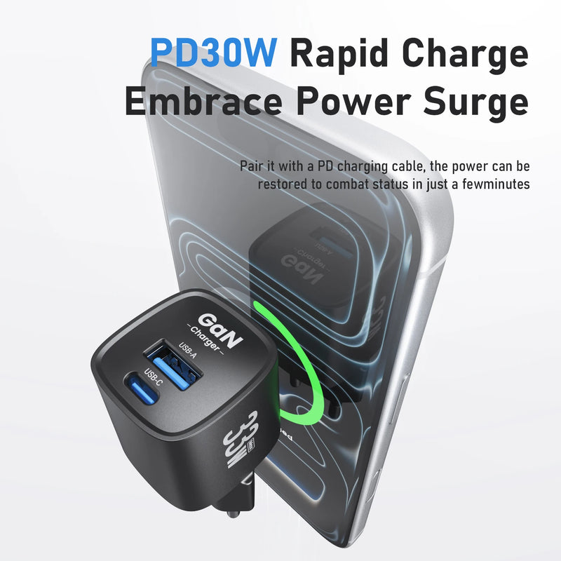 ឆ្នាំងសាក GaN 33W USB Type C ទំហំតូច ចល័ត PD QC PPS ឆ្នាំងសាកលឿន សម្រាប់ iPhone 17 16 15 14 Pro Max iPad Samsung S23 Ultra ឆ្នាំងសាក