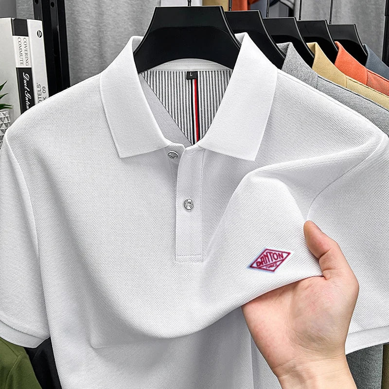 Designer Style 100% Cotton Man New Short-Sleeved Polo Shirt Lapel Button Slit Hem Letter Embroidery Classic Business Men's Wear