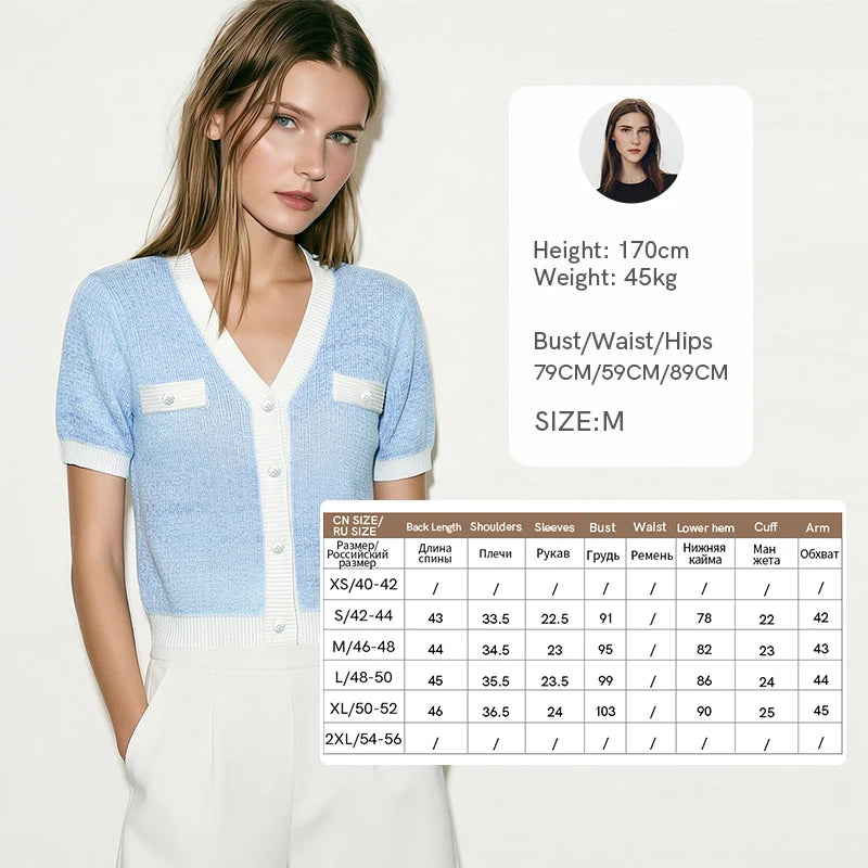 Amii V-Neck Women’s Cardigan 2026 Summer New Elegant Short Sleeve Breathable Knitted Top Casual Cropped Cardigans Lady 12642191