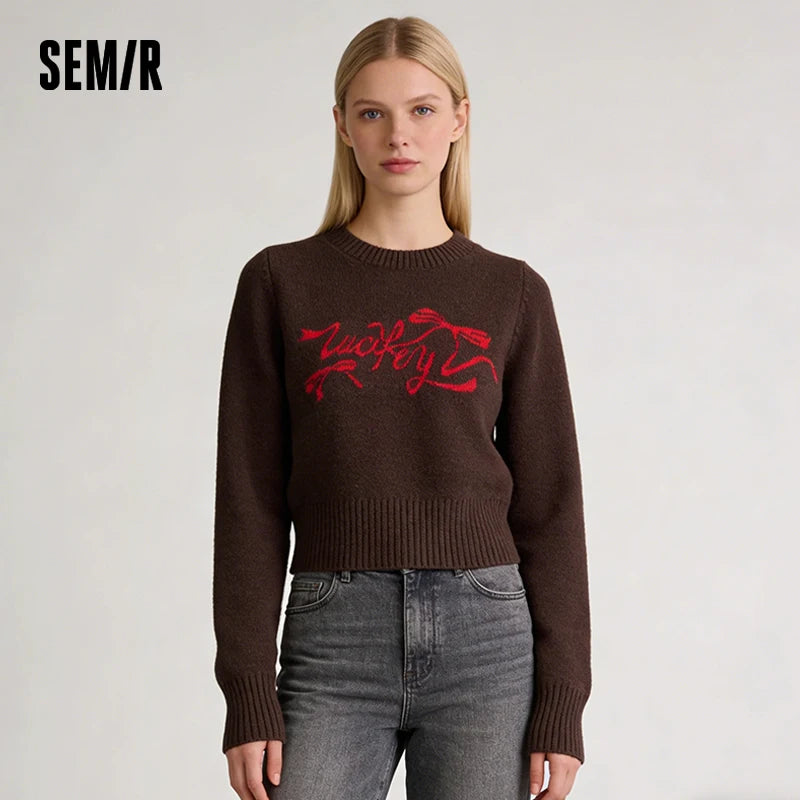 Semir New Year Sweater Women Short Bowknot Slim Fit Round Neck Knit Top 2026 Spring Style Red Fashion Basic Tops
