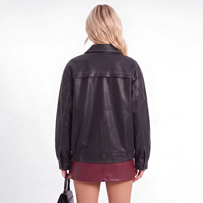 Women's Black Faux Leather Jacket for Fall, Brown Biker Coat for Spring, and Stylish, Casual PU Tops.
