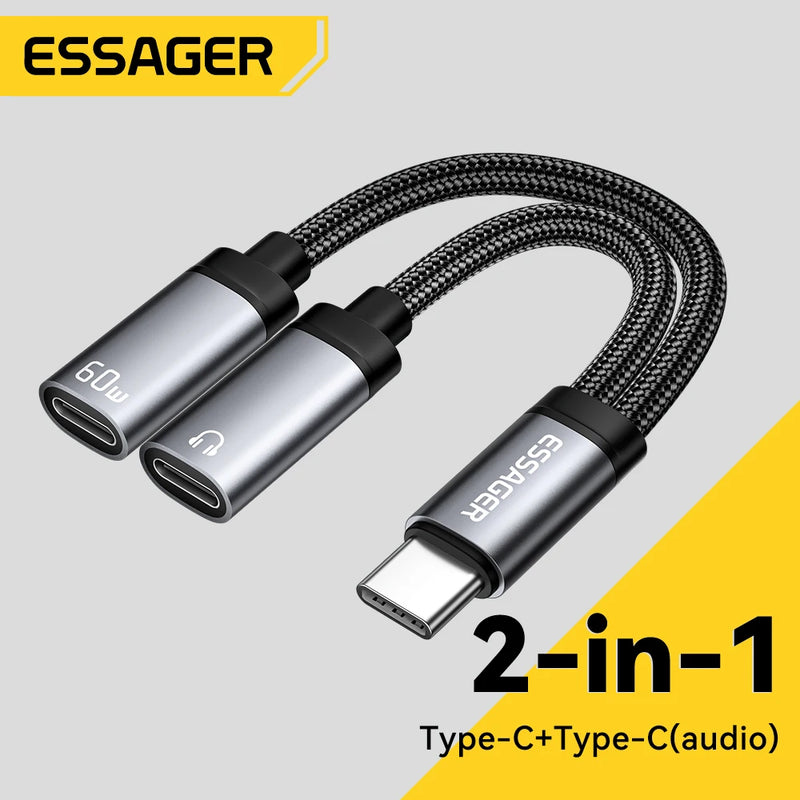 Essager 2 in 1 Type C to 3.5mm AUX Cable Headphone Adapter PD 60W សាកថ្មលឿនសម្រាប់ iPhone 16 15 Samsung Xiaomi 14 13 Tablet PC