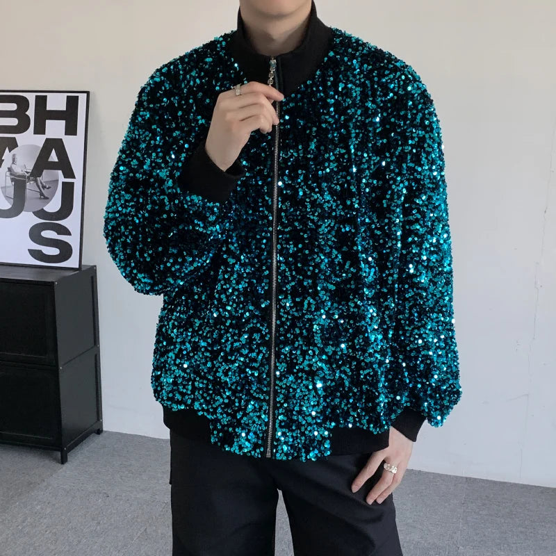 Best Seller: Loose-fitting Men's Long-sleeve Jacket with Blue Circular Sequin Embellishments;Unisex Top for Singers,Dancers, DJs