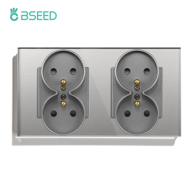 BSEED French Standard Single Wall Power Sockets Double Sockets Dual Electrical Outlets Glass Panel Children Protection 16A