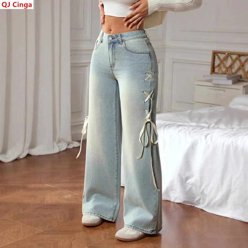 Light Blue Women's Jeans with X-shaped Drawstrings on Both Sides—stylish, Casual Wide-leg Pants.