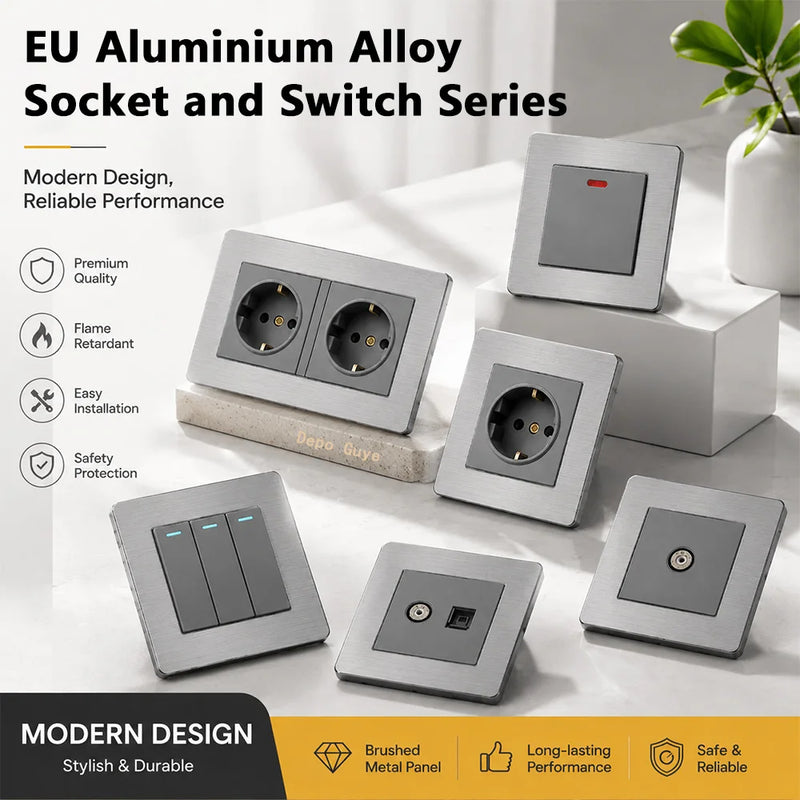Metal grey Eu wall light switch,Stainless steel universal usb rechargeable electrical socket,220V dimmer speed control switch