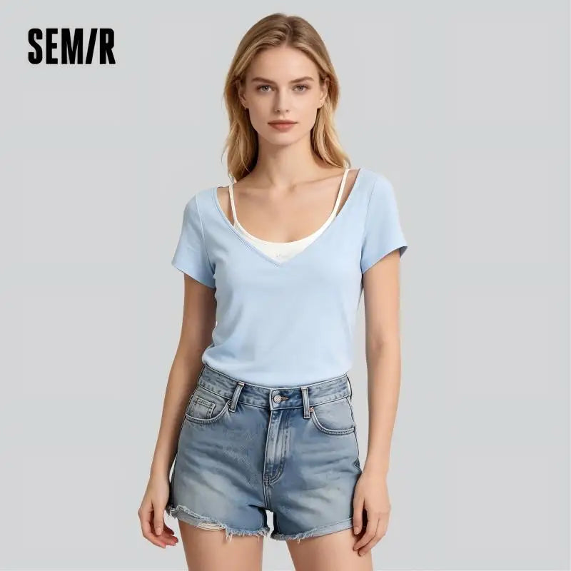 Semir Womens Tshirt 2026 Short Halter V Neck Fake Two Piece Bow Slim Rhinestone Casual Fashion