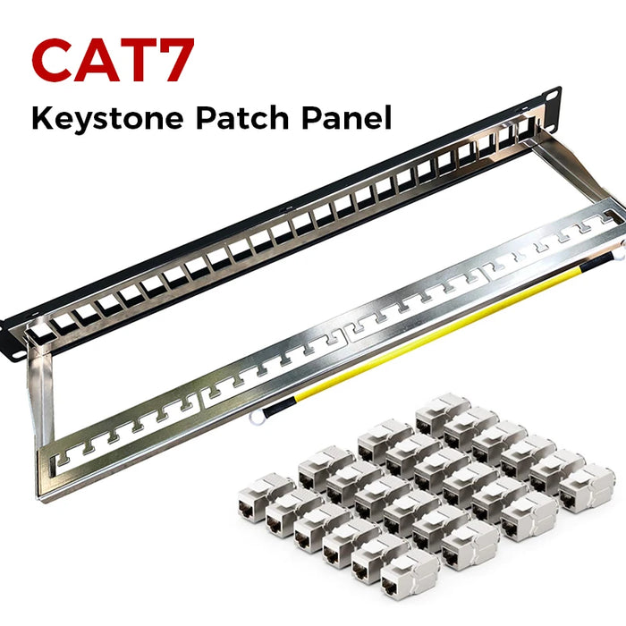 ZoeRax Patch Panel 24 Port Cat6A Cat7 with Keystone 10G Support, Keystone Jack Coupler Patch Panel STP Shielded 19-Inch 24pcs CAT7 Keystone