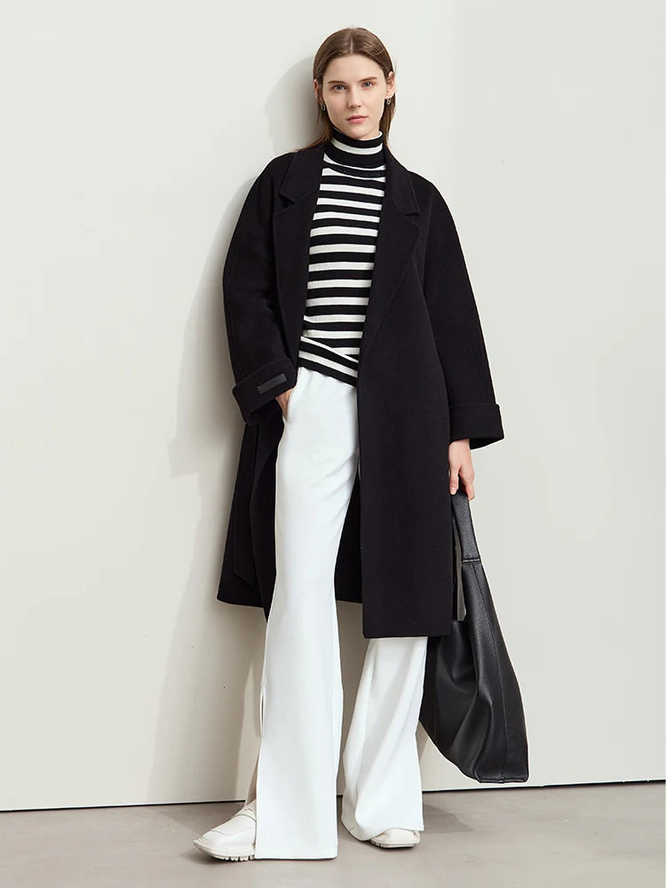 AMII Minimalist Woolen Coat for Women 2026 Winter New Warm Lapel Collar Long Sleeve with Belt 100% Wool Overcoat Female 12424009