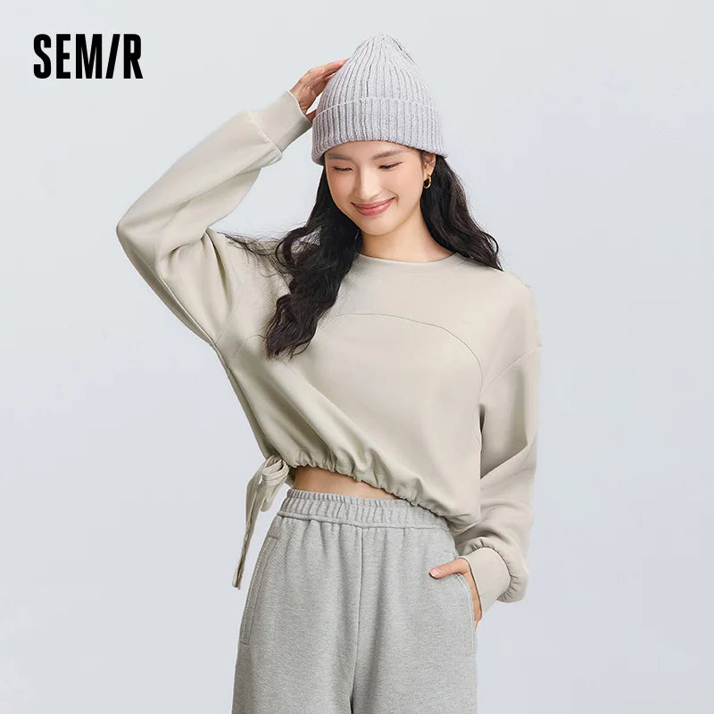 Semir Trendy Hoodie Women Spring Short Crew Neck Loose Letter Drawstring Casual Ins Fashion Minimalist Stylish Top