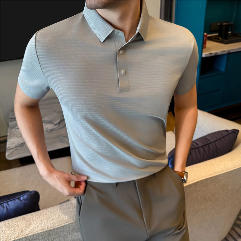 Men Summer Short Sleeve Striped Polo Shirt Slim Fit Elastic Solid Color Business Casual T-Shirt