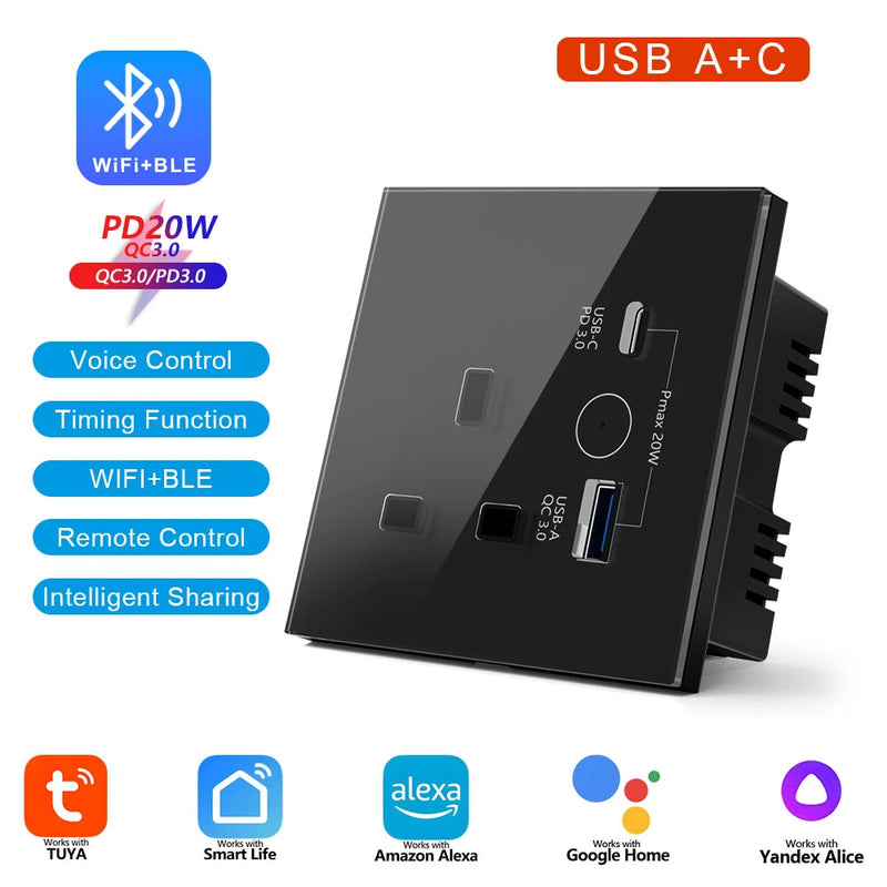UK WiFi Smart Tuya USB Type-C 20W Fast Charging Socket Glass 13A Outlet Touch Switch Wireless Charge Work with Alexa Google Home