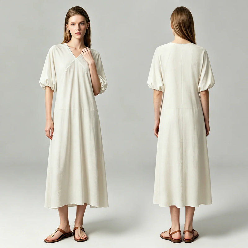 Amii Women’s Dress 2026 Summer New V-Neck Puff Sleeve Loose Fit Maxi Dress Holiday Casual Solid Long Dress For Women 12642166