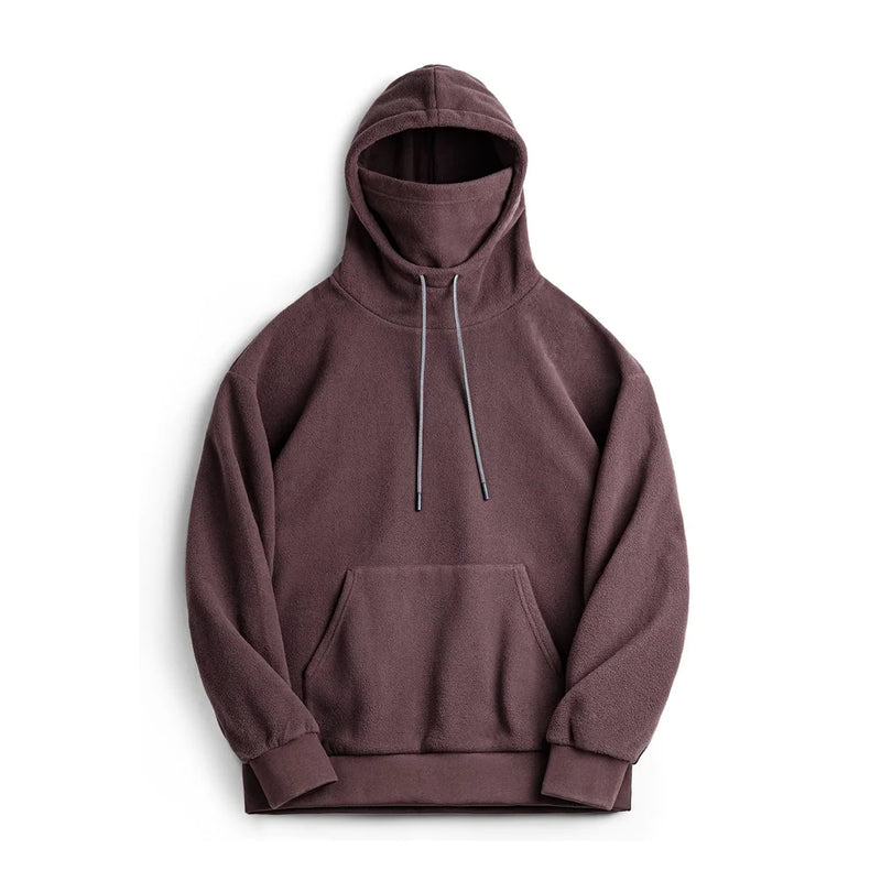 Maden Casual Polar Fleece Hooded Sweatshirt Solid Color Windproof Pullover with Face Mask Warm Tops for Men's Fall and Winter