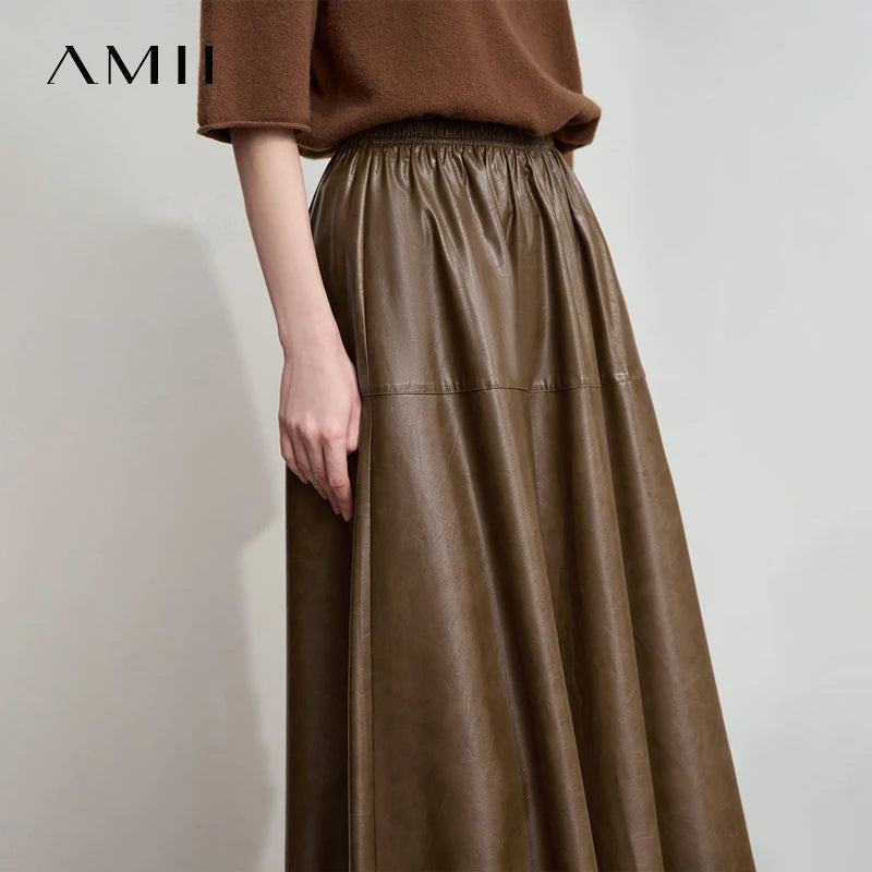 AMII Minimalist Woman Black Midi Skirt 2026 Autumn Vintage Loose Luxury Party PU Leather Skirts Casual A Line Skirts 12543028