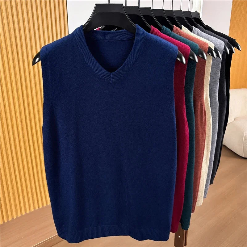 Fall Mens V Neck Knitted Waistcoat Sleeveless Sweater Vest Comfortable Knit Top For Business Daily Outfit Matching