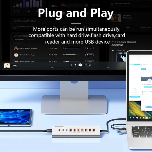 ប៊្លូអែនលីស អាលុយមីញ៉ូម USB3.2 ជំនាន់ទី 2 10Gbps 7 ច្រក 10 ច្រក USB-C Hub 7 ក្នុង 1 10 ក្នុង 1 USB-A Splitter Adapter សម្រាប់កុំព្យូទ័រយួរដៃ macbook