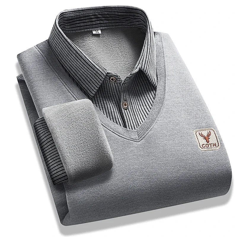 Fashion Men Striped Collar Knitted Top Fake Two Piece Pullover Long Sleeve Business Commute Knit Sweater With Small Logo