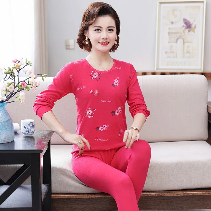 Middle Aged Mother Cotton Pajamas Set Long Sleeve Sleepwear Women 2 Piece Outfit Plus Size Homewear Autumn Winter Pijama Mujer