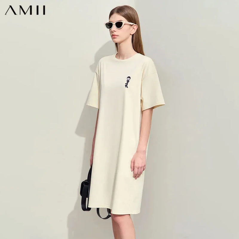 Amii Minimalism Dress For Women 2026 Summer New O-Neck Fun Embroidery Hollow Cotton Loose Casual T-shirt Dress Female 12442174