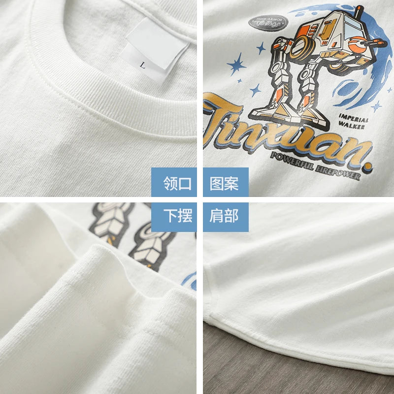 Dukeen 320g Heavyweight Oversized Short-Sleeved T Shirt Men Summer Plus Size Cotton Robot Printing Tees Couples