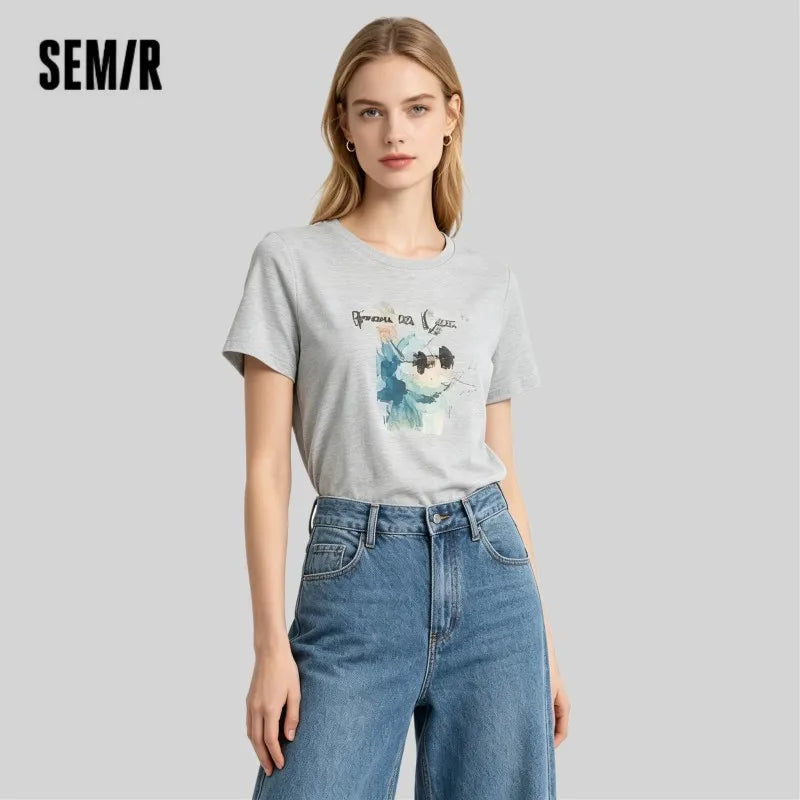Semir Womens Tshirt 2026 Printed Slim Ruffle Edge Cute Petite Style Fashion Casual Daily Wear