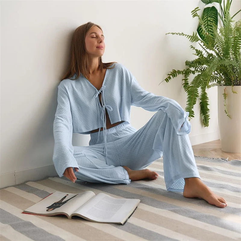 Spring Summer Knitted Long Sleeve Sleepwear Long Pants Two Piece Set Comfortable Nightwear Home Clothes For Women Pajamas