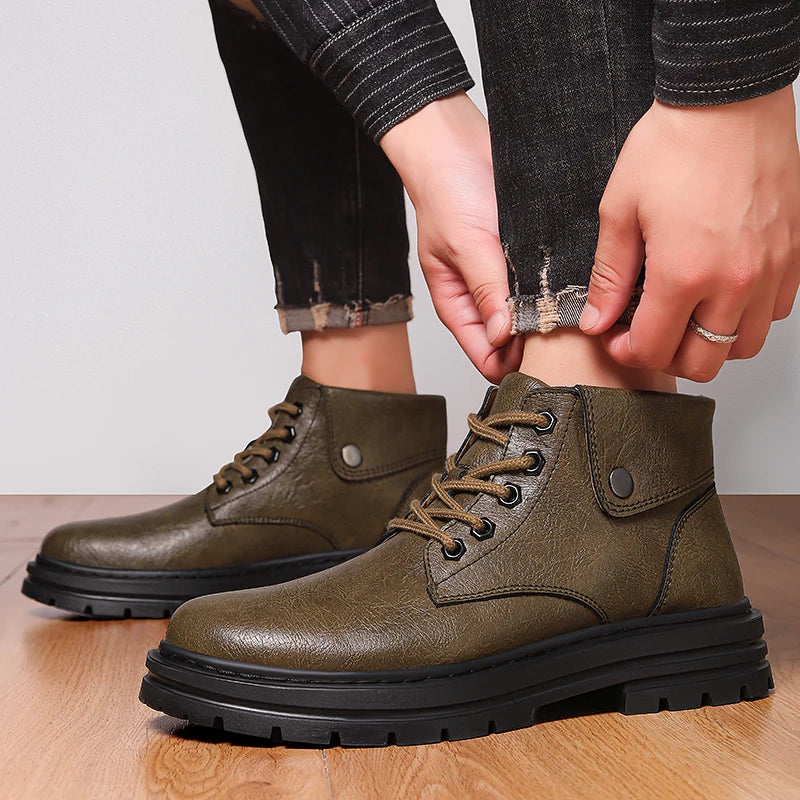 Mens Leather Boots Ankle British Style with Platform Soles Cushion Plush/Non-Plush Options Plus Big Size 48 49 50