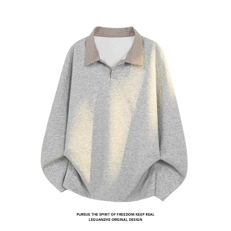 Male Loose Fit Knit Long Sleeve Polo Top Contrast Plaid Collar Airy Fabric For Office Commute And Leisure Occasions
