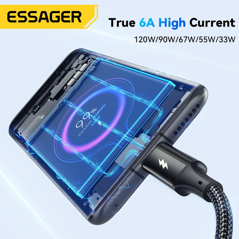 ខ្សែសាក Essager 120W 6A ខ្សែសាកលឿន Type C សម្រាប់ Xiaomi 14 Ultra Huawei Samsung Oneplus USB Type C Data Cables