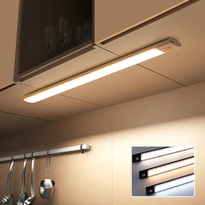 ភ្លើងទូខោអាវ ភ្លើង LED មានឧបករណ៍ចាប់សញ្ញាចលនា ភ្លើងពេលយប់ 3 ពណ៌ ឥតខ្សែ USB ចង្កៀងស្តើងវែង ចង្កៀងផ្ទះបាយ ភ្លើងបំភ្លឺក្នុងផ្ទះ