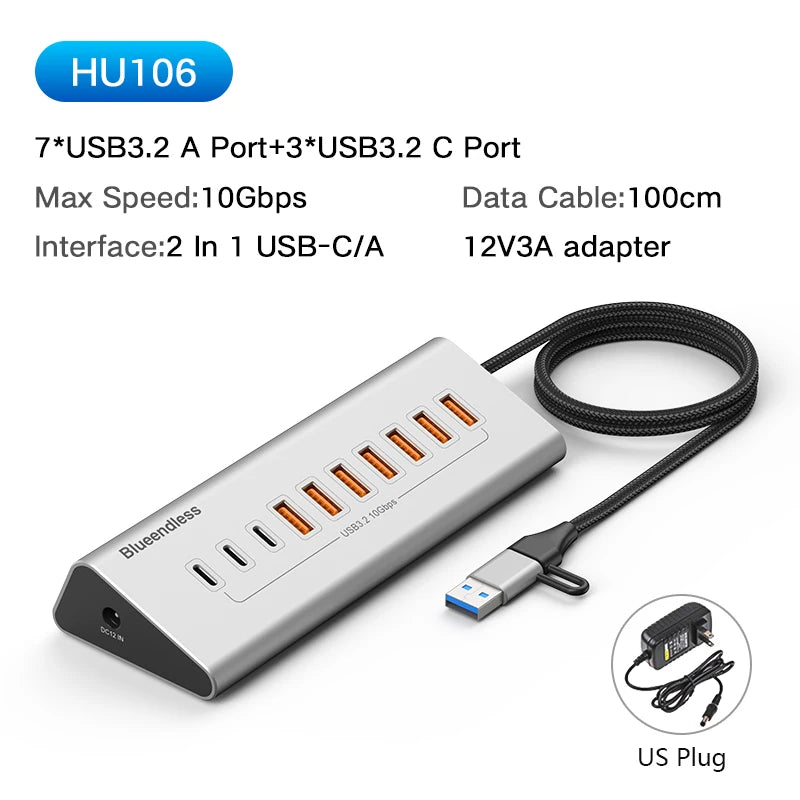 ស្ថានីយ៍ចត HUB អាលុយមីញ៉ូម Blueendless 10Gbps USB3.2 Gen2 4/10 រន្ធ USB-C USB-A ប្រភេទ C ឧបករណ៍បំបែកសម្រាប់កុំព្យូទ័រកុំព្យូទ័រយួរដៃ macbook