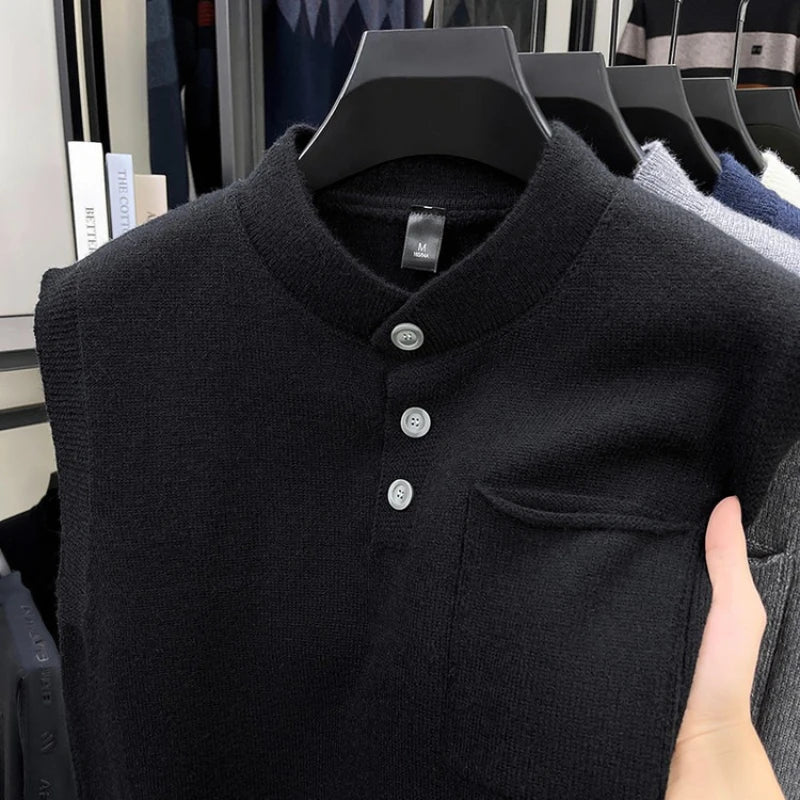 Men's Stand-Up Collar Knitted Vest with Button Front and Patch Pocket Spring and Autumn Pullover Knit Sweater