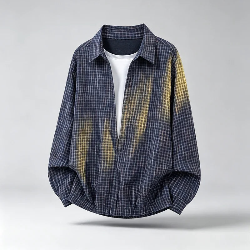 Men Wrinkled Check Lapel Shirt Long Sleeve Relaxed Fit Textured Material Breathable Daily Casual Outerwear
